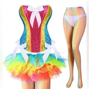 Sexy Rainbow Sequin Corset Fishnets & Tutu Burlesque Dance Halloween Costume NEW